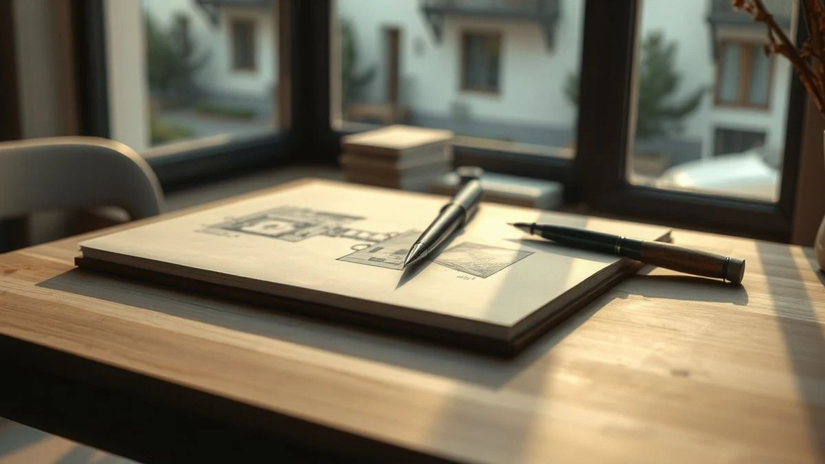 Croquis arquitectónico del proyecto del bar Pesquero sobre una mesa de madera con bolígrafo y regla