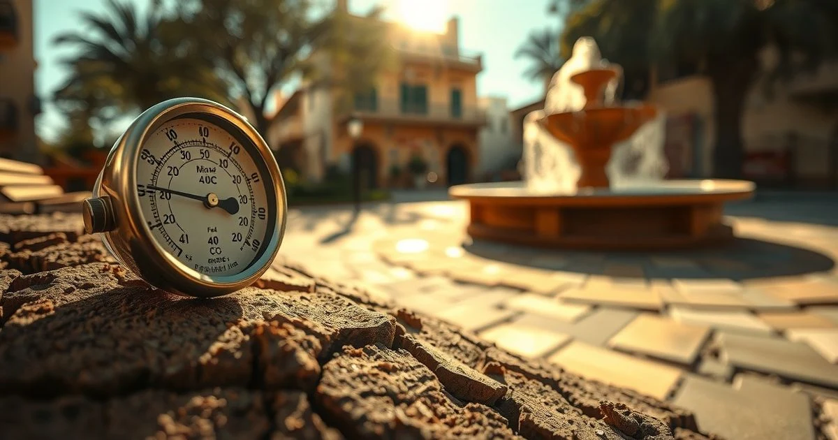 Termómetro que marca 40 grados sobre suelo agrietado y seco, al fondo una plaza de Manacor vacía con fuente sin agua