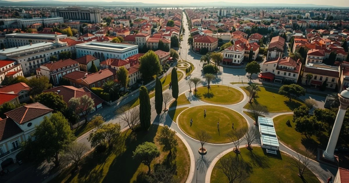 Vista aérea de un pueblo con parques y senderos peatonales