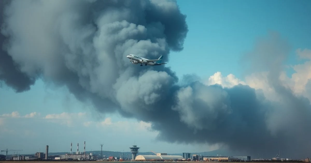 Vista aérea de una columna de humo sobre un polígono industrial cerca de una pista de aeropuerto, con un avión despegando.