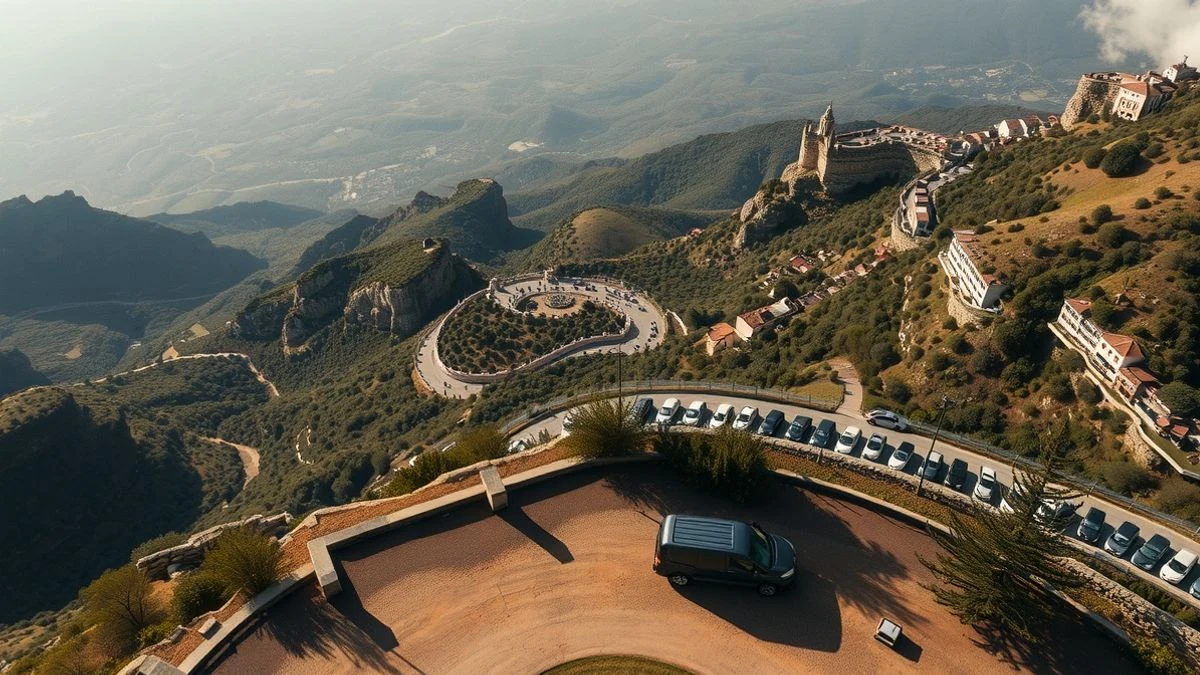 Imagen ilustrativa: vista aérea de un mirador de montaña con coches aparcados y un vehículo de la Guardia Civil.