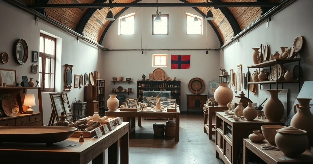 Interior de una sala de exposiciones con objetos de artesanía de madera y cerámica iluminados por luz natural
