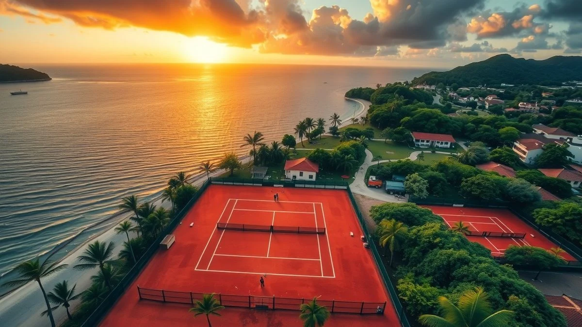 Imagen ilustrativa: vista aérea de un complejo de pistas de tenis en construcción en una costa tropical al atardecer