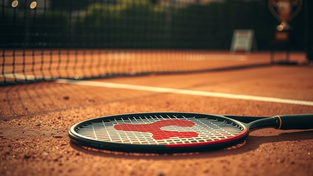 Raqueta de tenis sobre pista de tierra batida con un trofeo al lado