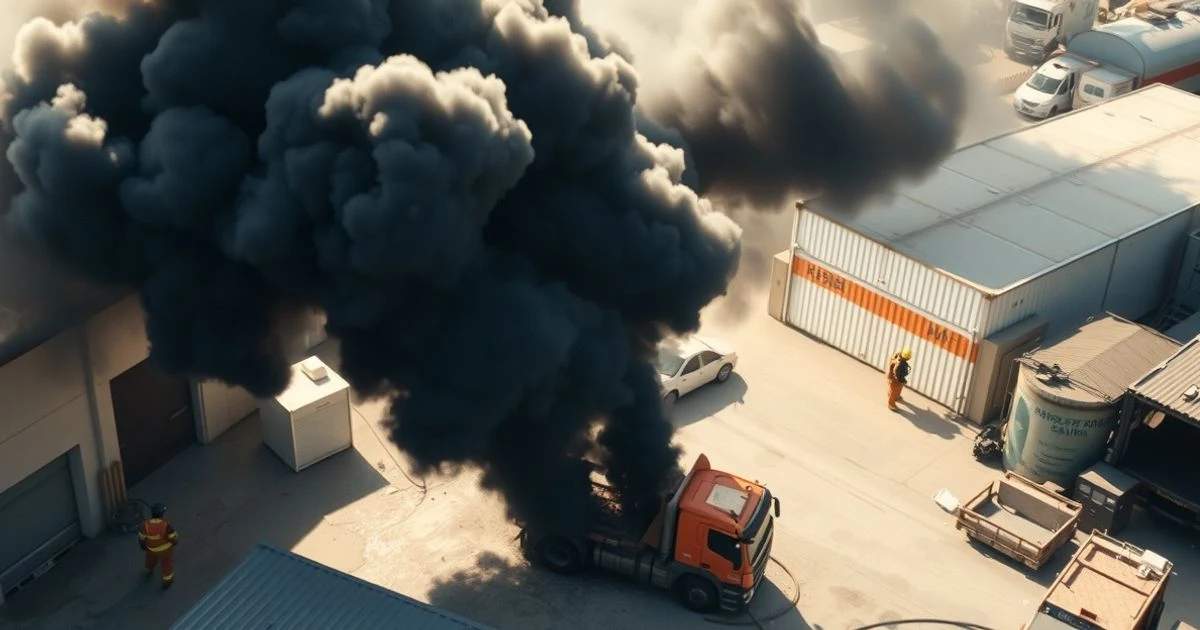 Vista aérea de un camión en llamas en una zona industrial con humo negro y bomberos trabajando