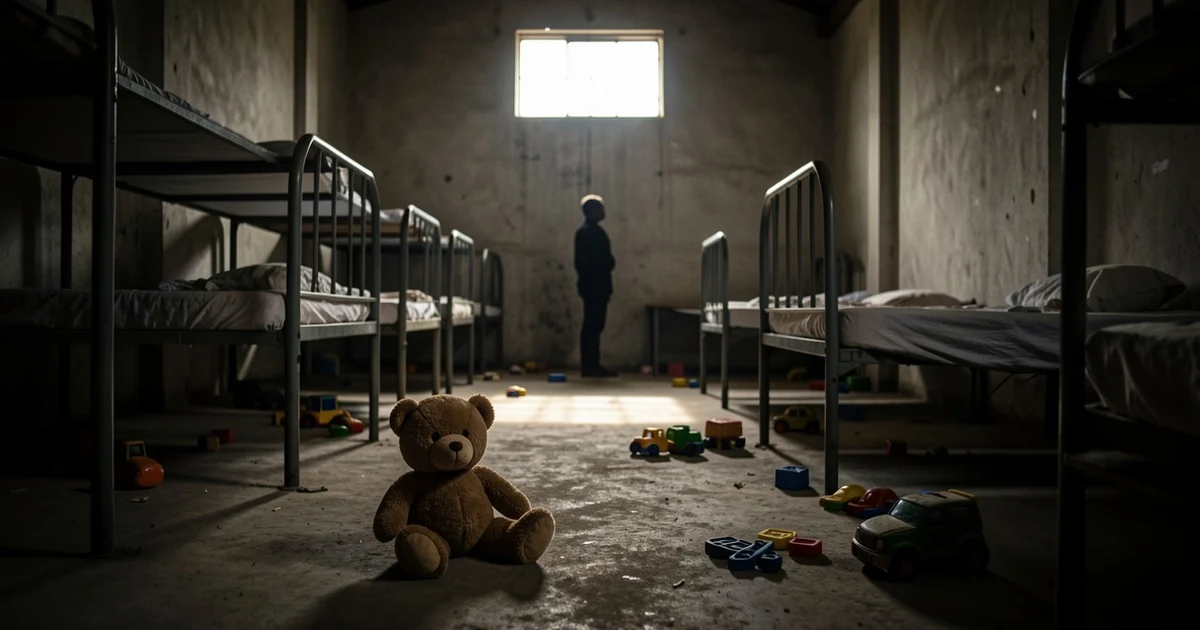 Refugio temporal vacío con literas y juguetes esparcidos, luz tenue y un oso de peluche en primer plano.