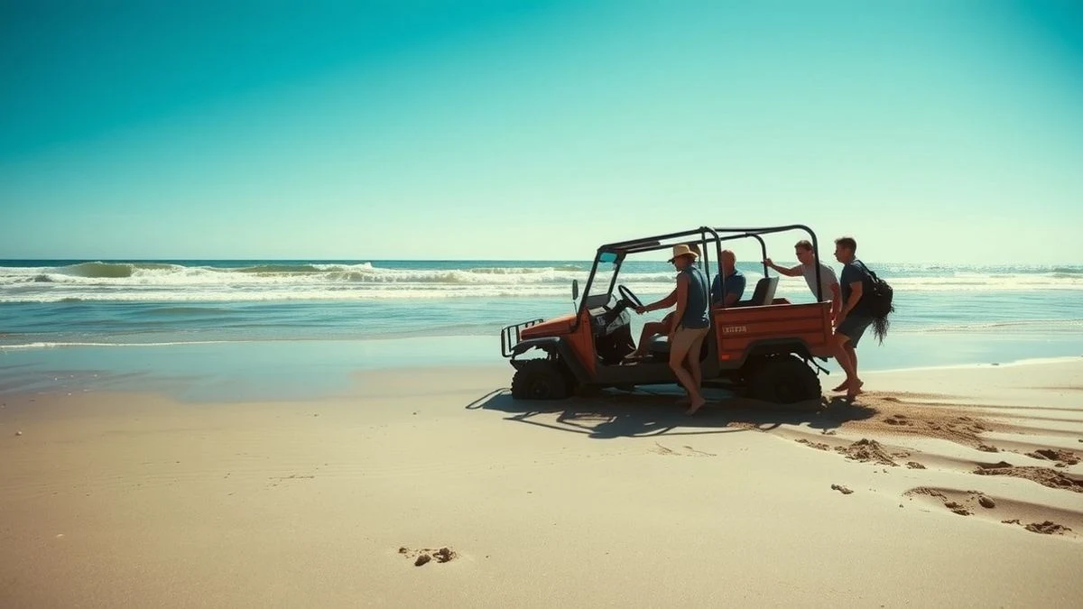 Imagen ilustrativa: un buggy atascado en la arena de una playa, con varias personas empujándolo.