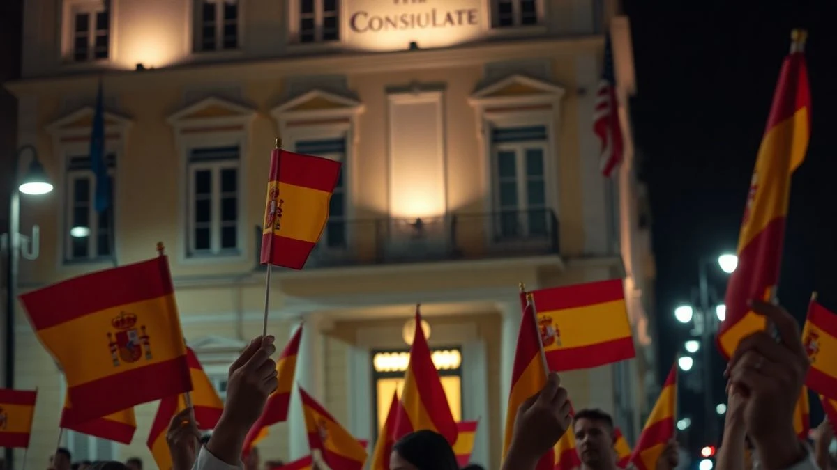Imagen ilustrativa: una multitud de espaldas con banderas de España frente a un edificio consular iluminado de noche