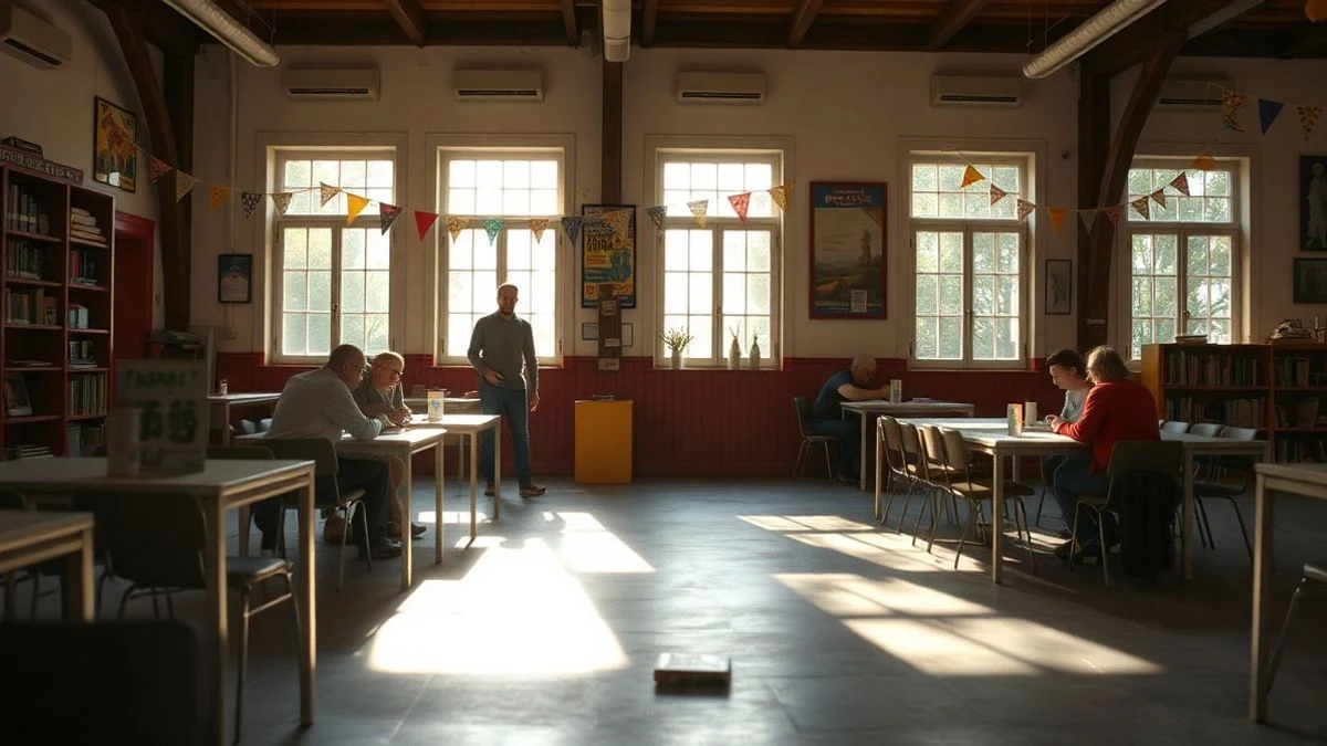 Imagen ilustrativa: sala de un centro de día con mesas y sillas vacías, decorada con motivos festivos y luz natural.
