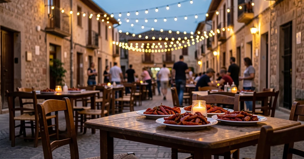 Plaza decorada con luces y mesas con platos de pimientos fritos al atardecer