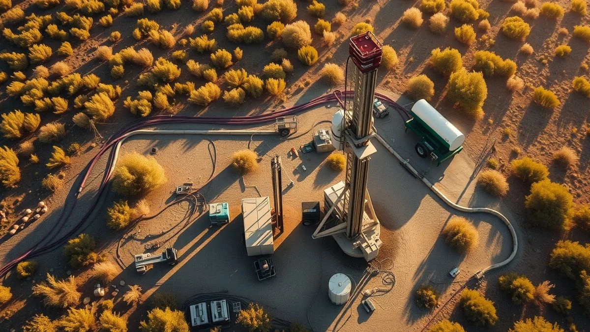 Imagen ilustrativa: vista aérea de una perforación de pozo en una zona rural de Mallorca, con maquinaria y tuberías sobre terreno seco.