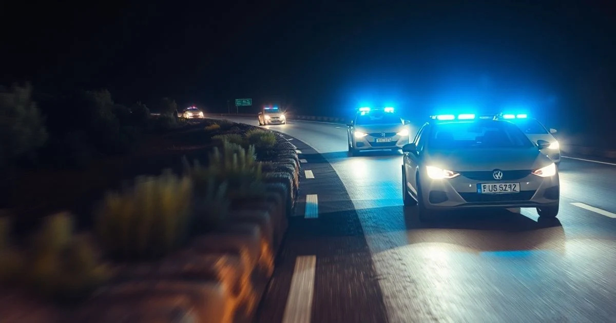 Persecución policial nocturna en autopista con coches patrulla y luces azules