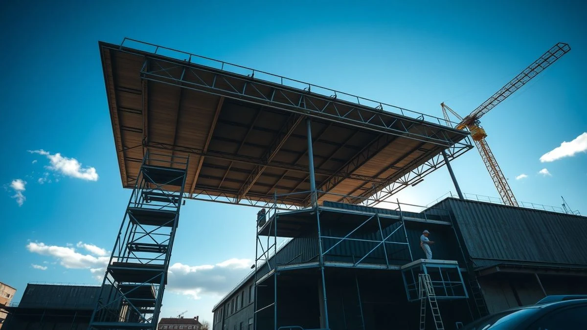 Andamios y estructura de sobrecubierta en la Fàbrica Nova de Sóller con cielo de fondo