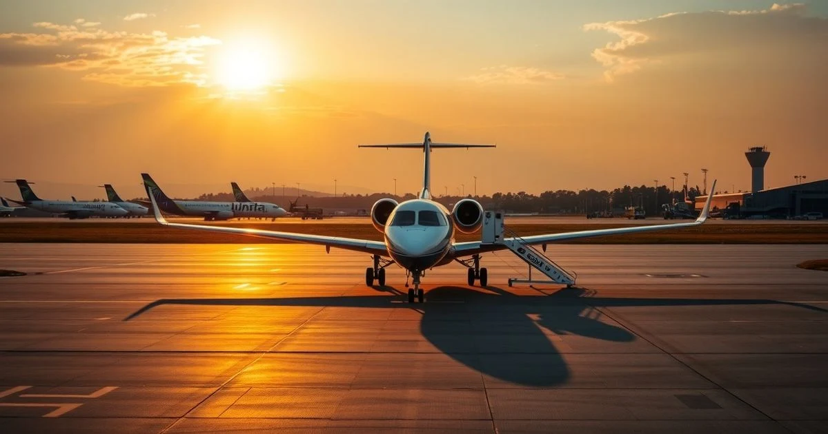 Un avión regional en la pista del aeropuerto al atardecer, sin personas visibles