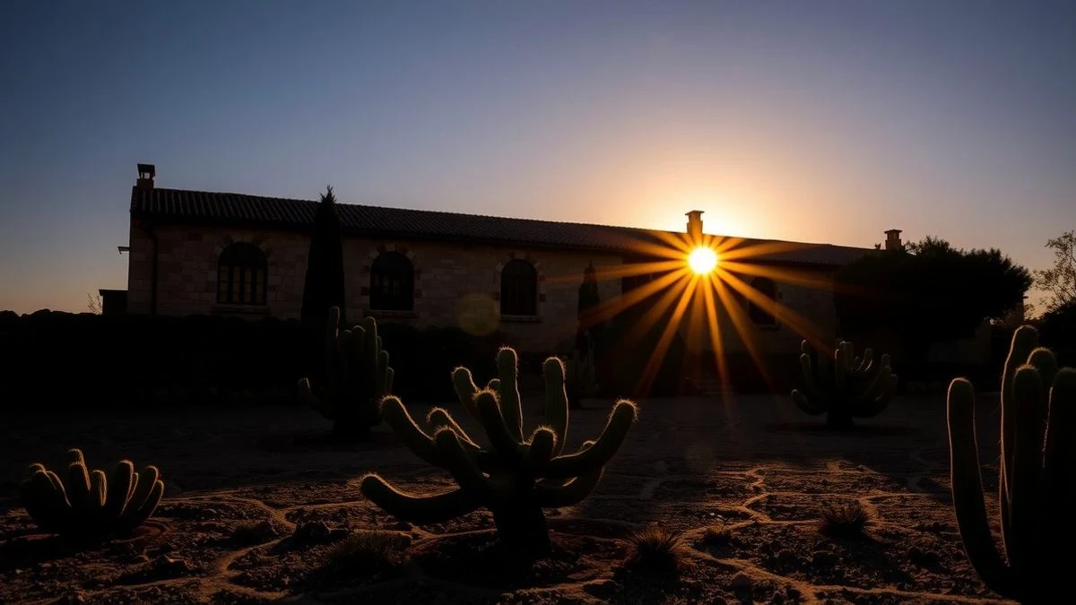 Silueta de la possessió de s'Avall al atardecer, con jardín de cactus y sombras largas