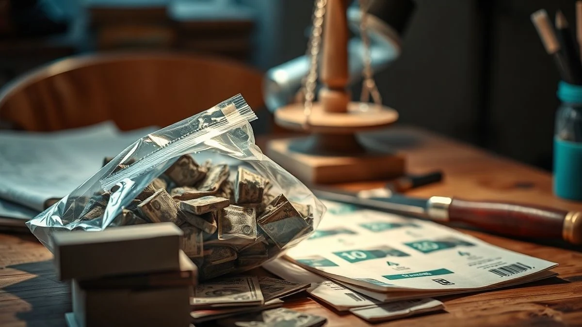 Imagen ilustrativa: bolsa de plástico con polvo blanco y billetes sobre una mesa, con una balanza de precisión