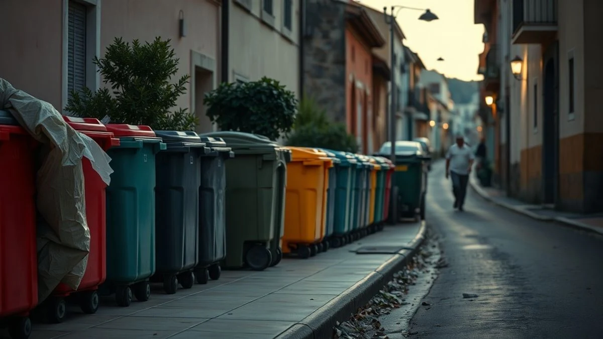 Imagen ilustrativa: calle residencial con contenedores de basura al atardecer, uno de ellos desbordado.