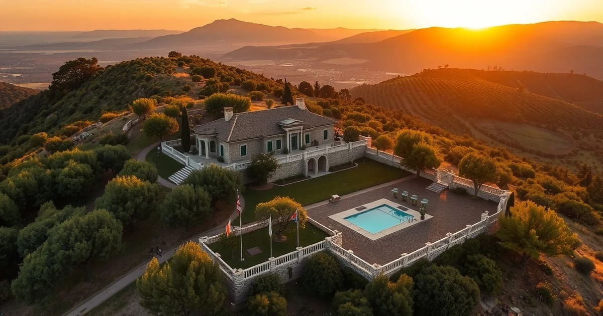 Vista aérea de una finca mediterránea con olivos y viñedos en la Sierra de Tramuntana, Mallorca