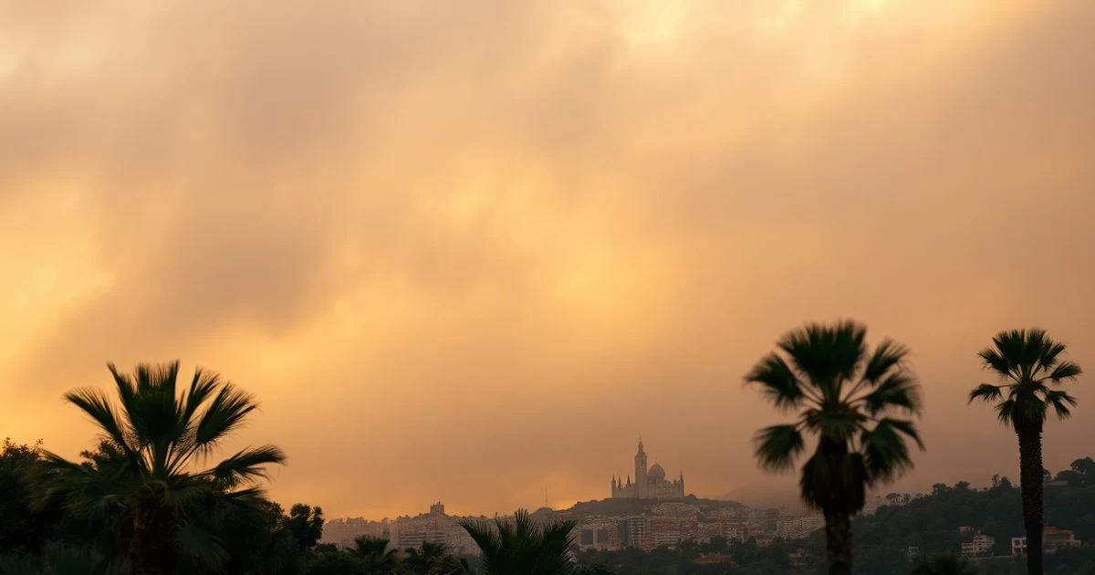 Niebla densa cubriendo la bahía de Palma al amanecer con la silueta de la catedral al fondo
