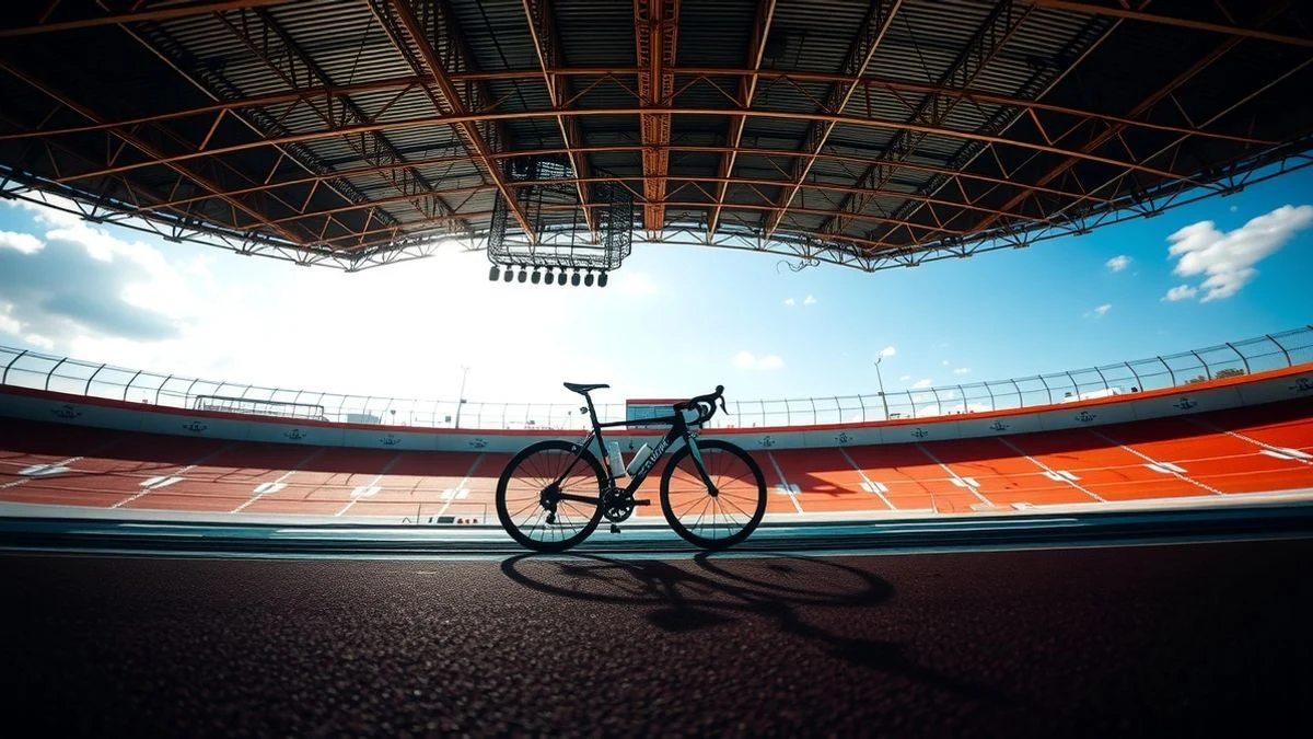 Imagen ilustrativa: un velódromo vacío con una bicicleta apoyada en la valla, visto desde un ángulo bajo con el cielo de fondo.