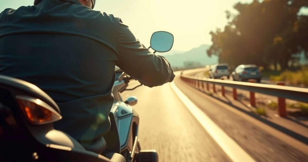 Motocicleta en autopista con una nevera azul en el asiento trasero, sin personas visibles