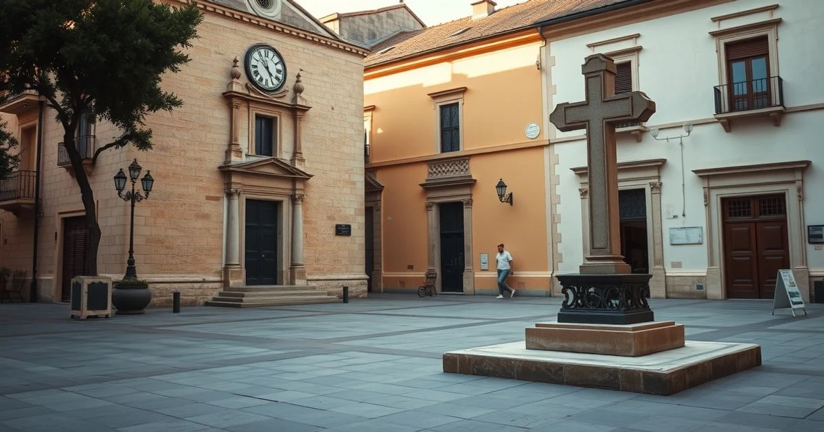 Vista de la plaça de Santa Eulàlia en Palma con una cruz de piedra y edificios históricos