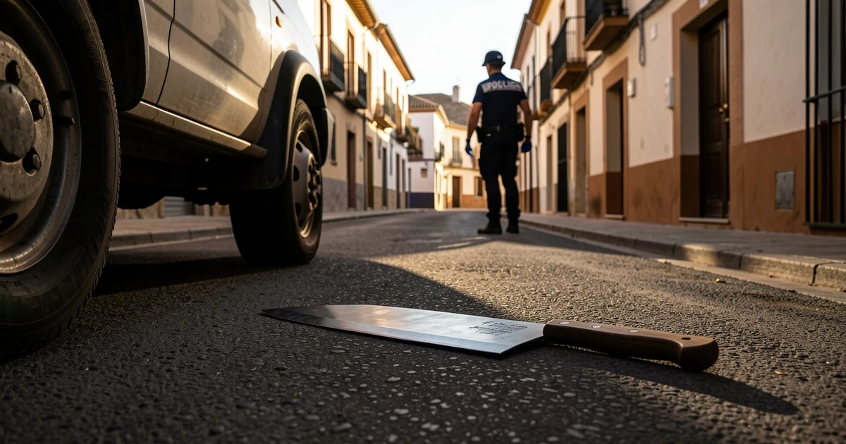 Machete bajo un camión en la calle con un policía de fondo