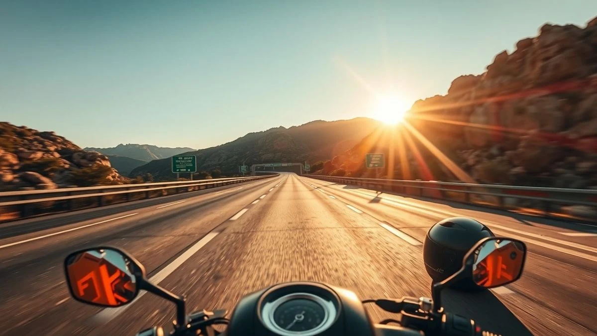 Casco de moto abandonado en el asfalto de una autopista con luz de atardecer