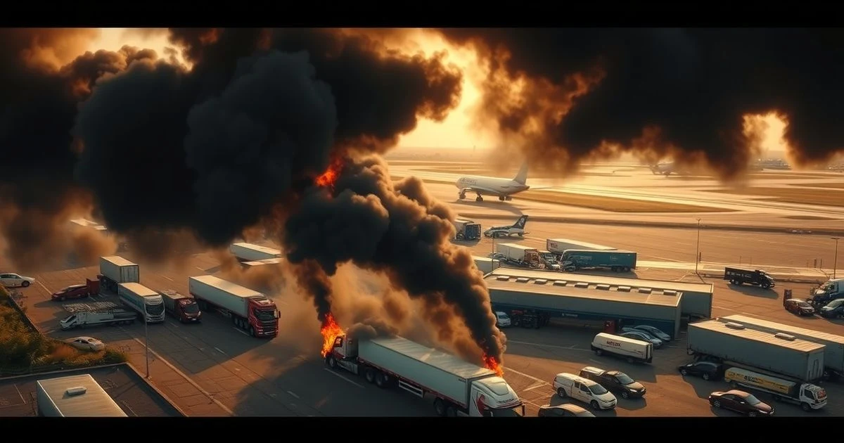 Columnas de humo negro sobre Mercapalma con camiones de bomberos en el lugar y el aeropuerto al fondo