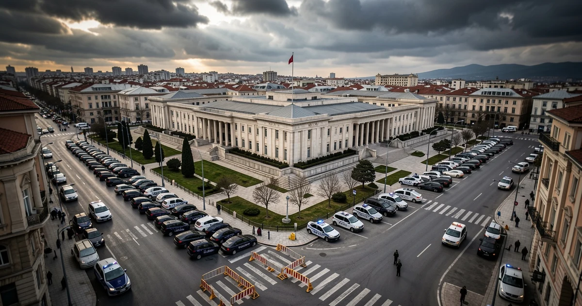 Vista aérea del complejo presidencial de Ankara con vehículos policiales y barreras en las calles vacías