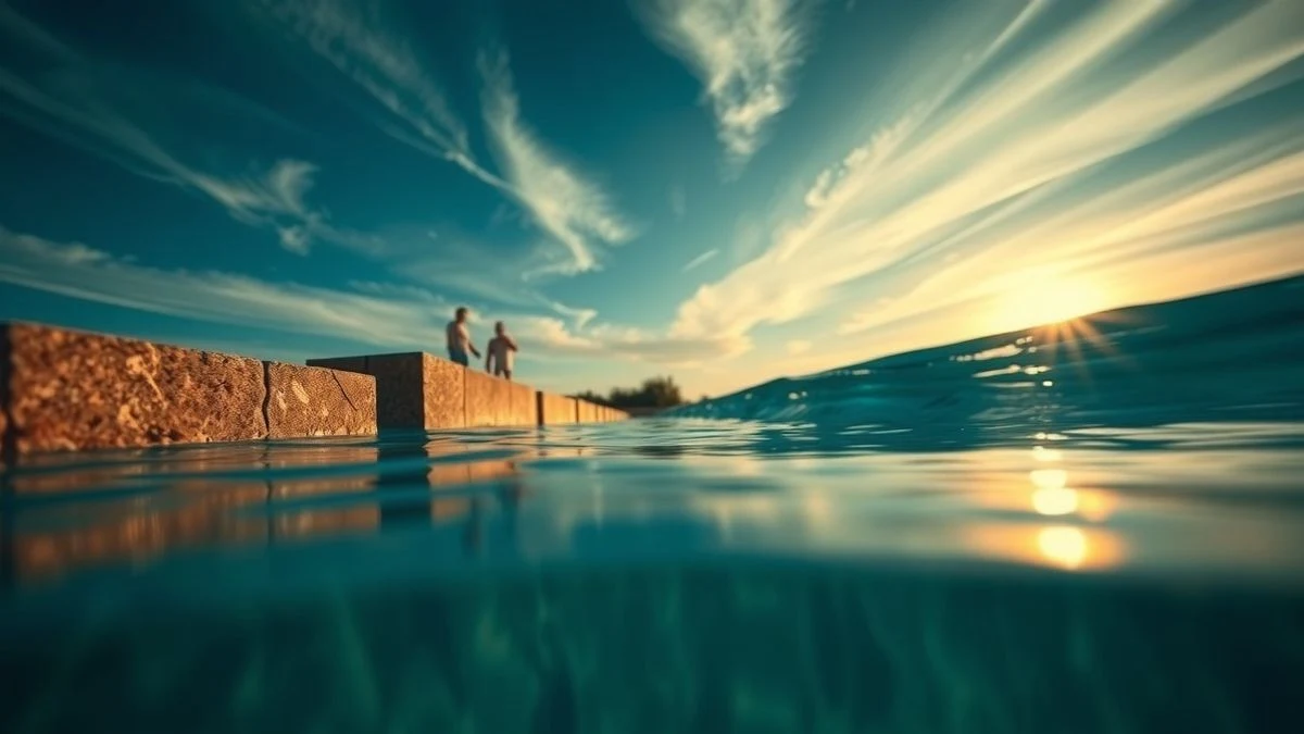 Piscina con poyete de salida y agua ondulada al atardecer, ángulo bajo con cielo de fondo