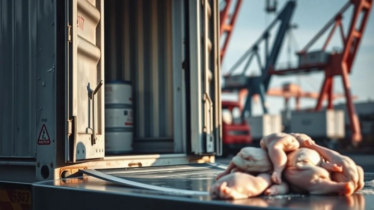 Imagen ilustrativa: puerta de un camión frigorífico entreabierta con escarcha y pollo descongelado sobre una mesa de inspección, con grúas portuarias al fondo.
