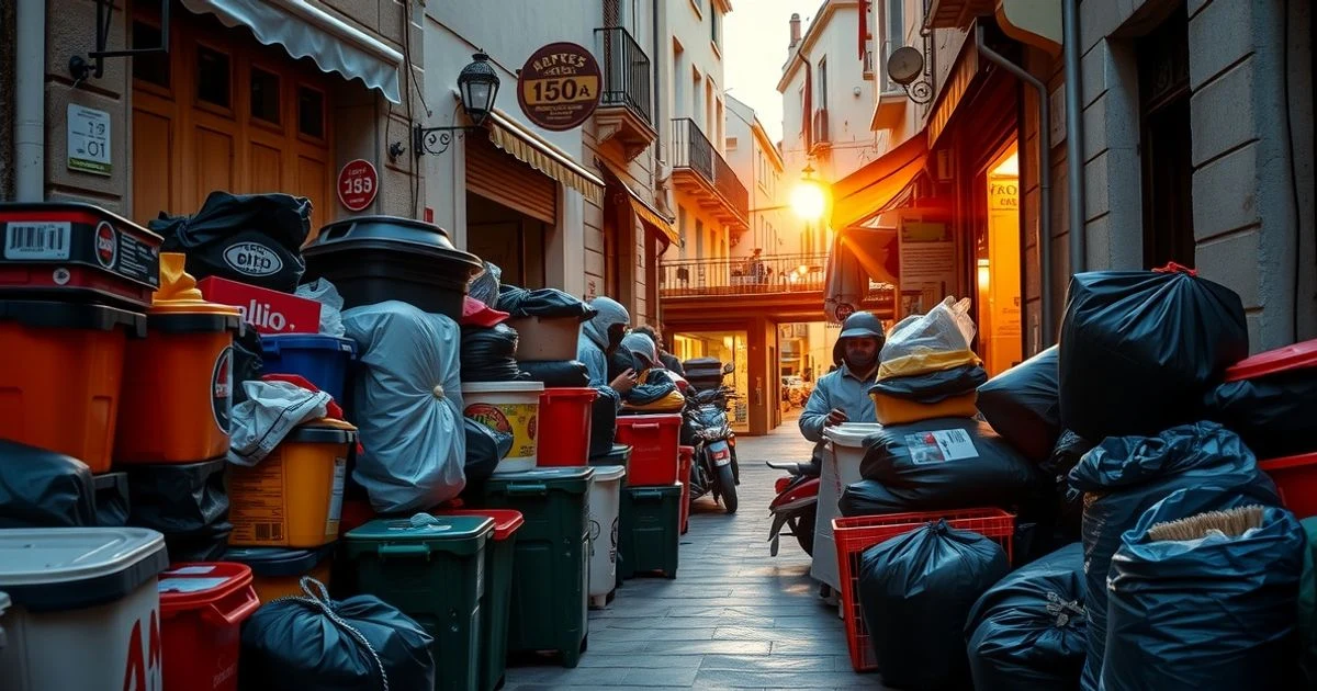 Calle de Llucmajor con contenedores de basura desbordados y bolsas acumuladas, al atardecer.