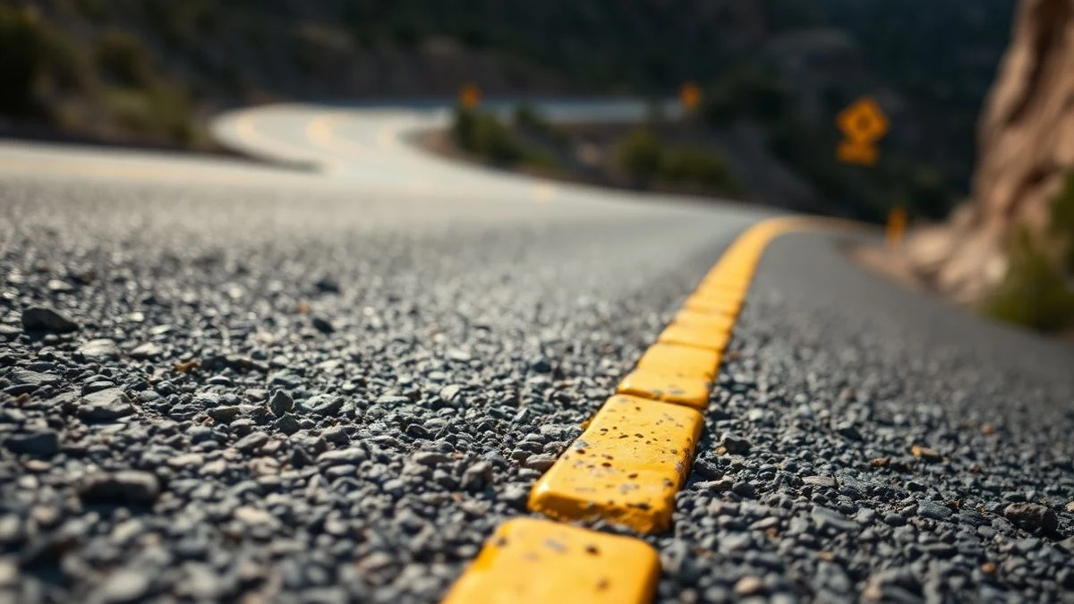 Detalle del asfalto de la carretera Ma-10 con señal de advertencia y luz de atardecer