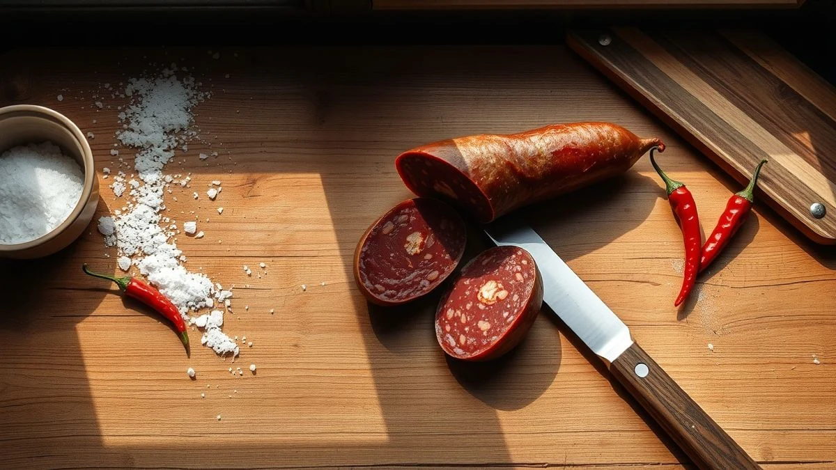 Vista cenital de una sobrasada cortada sobre una mesa de madera con especias y un cuchillo tradicional