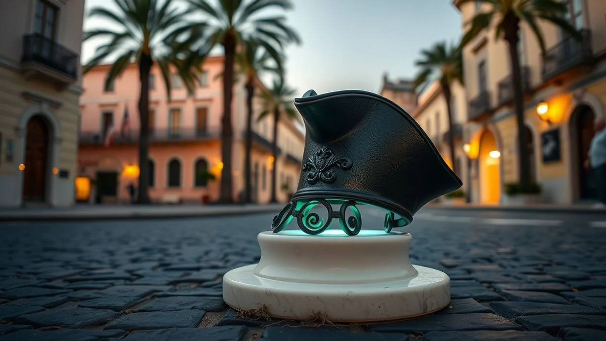 Imagen ilustrativa: Escultura de un tricornio iluminado en verde sobre una base blanca, situada en una calle adoquinada al amanecer, con edificios y palmeras al fondo.