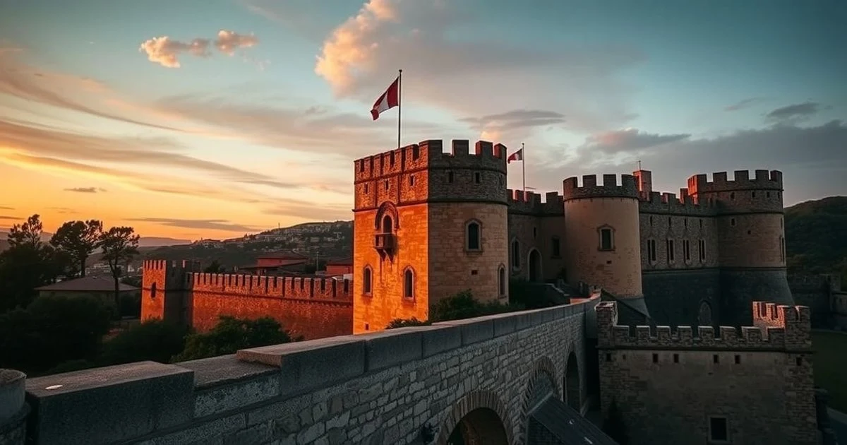 Capdepera Castle at sunset with flag waving
