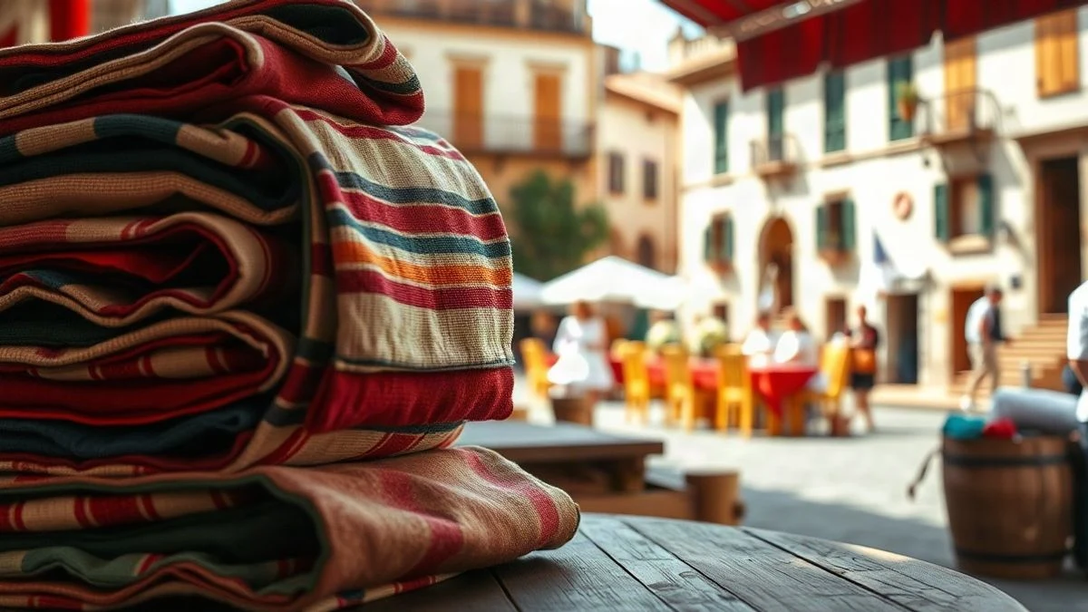 Imagen ilustrativa: un montón de bolsas de tela de colores sobre una mesa de madera en un mercado, con luz suave de tarde.