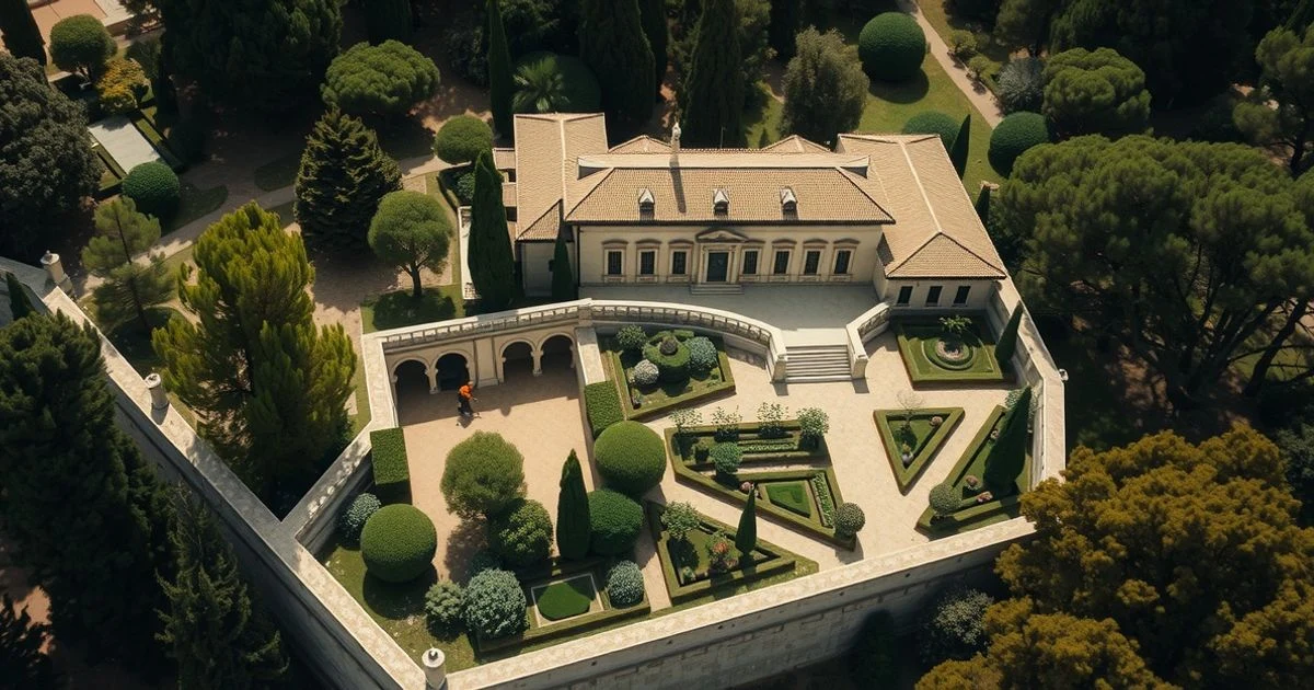 Vista aérea del Palacio de Marivent con pinar y jardines, un trabajador de control de plagas inspecciona una esquina