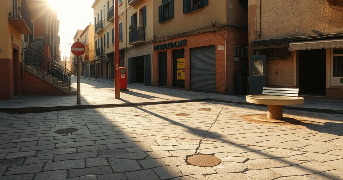 Plaza deteriorada en el barrio del Rafal Nou de Palma con adoquines rotos y fuente seca