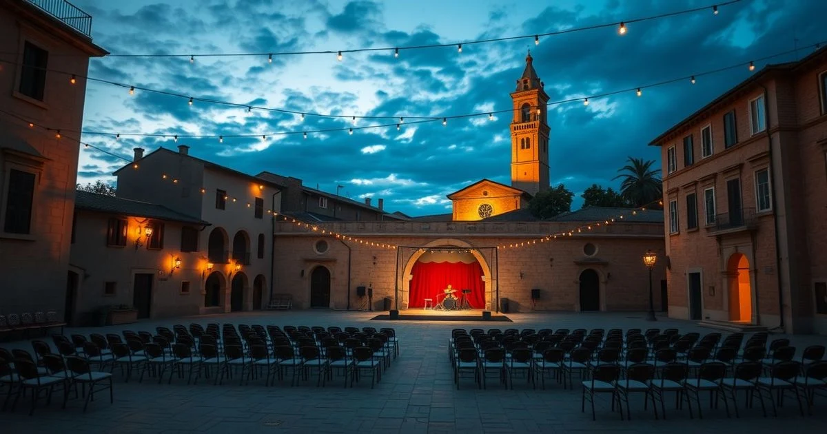 Stone courtyard with stage and empty chairs at sunset, with string lights and a church tower in the background