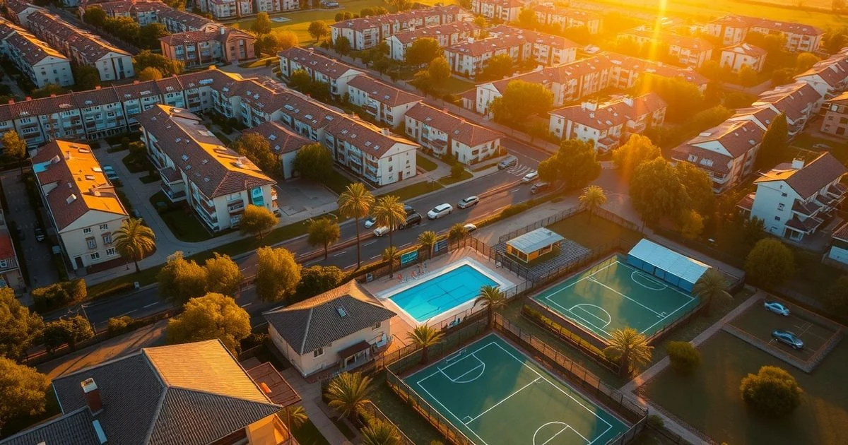 Vista aérea de un barrio residencial de Palma con un polideportivo con piscina y pistas vacías al atardecer