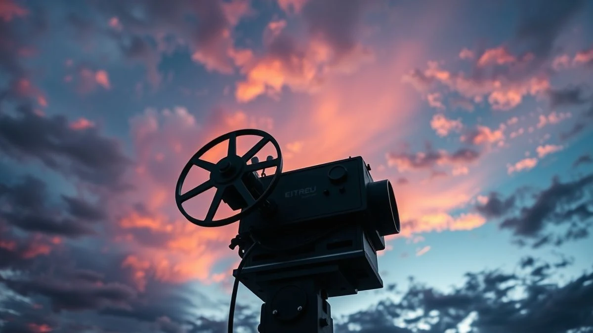 Imagen ilustrativa: un proyector de cine antiguo iluminando el cielo al atardecer, con un haz de luz visible, fondo desenfocado