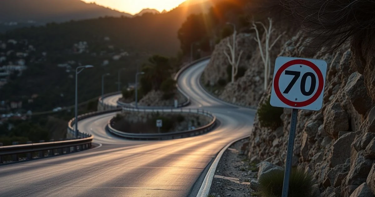 Carretera de montaña en la Serra de Tramuntana con señal de restricción de tráfico