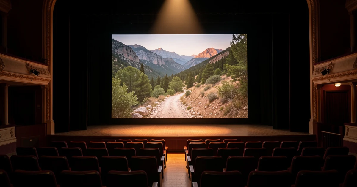Escenario de teatro con pantalla grande que muestra un sendero de montaña, sillas vacías en primer plano