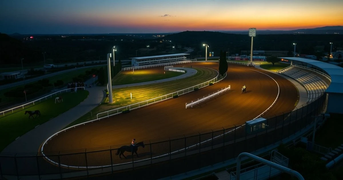 Vista aérea del hipódromo de Manacor iluminado al atardecer, con la pista de trote vacía y focos encendidos