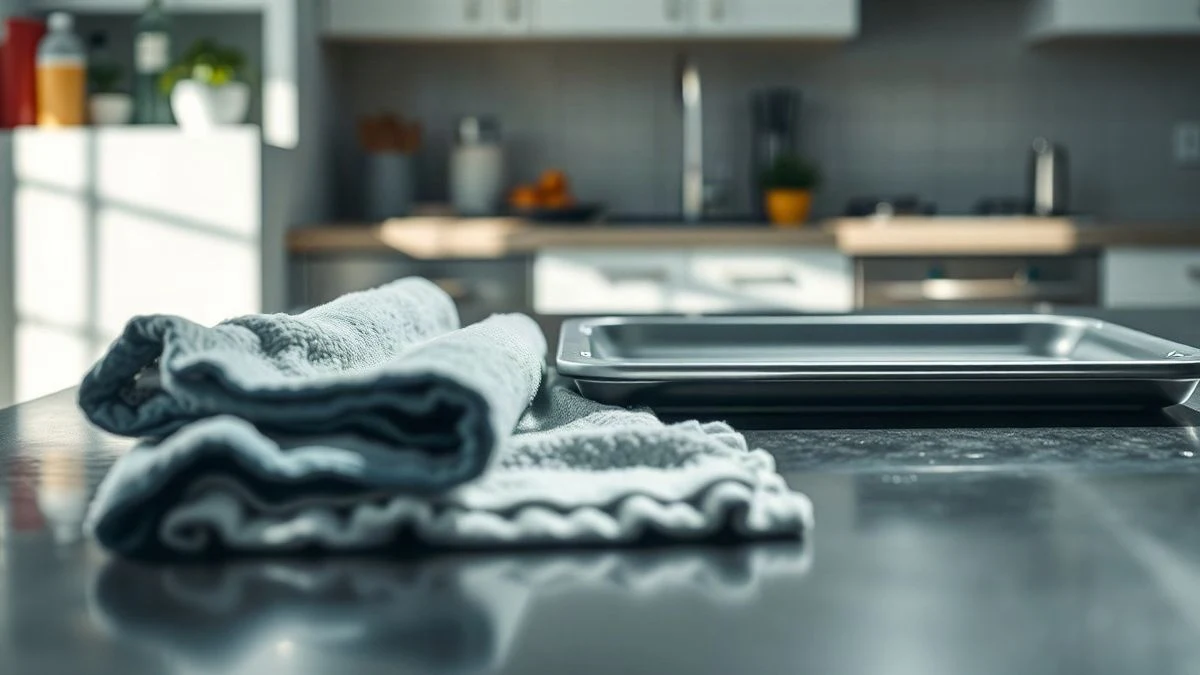 Illustrative image: a cloth and a tray on a stainless steel table in a professional kitchen