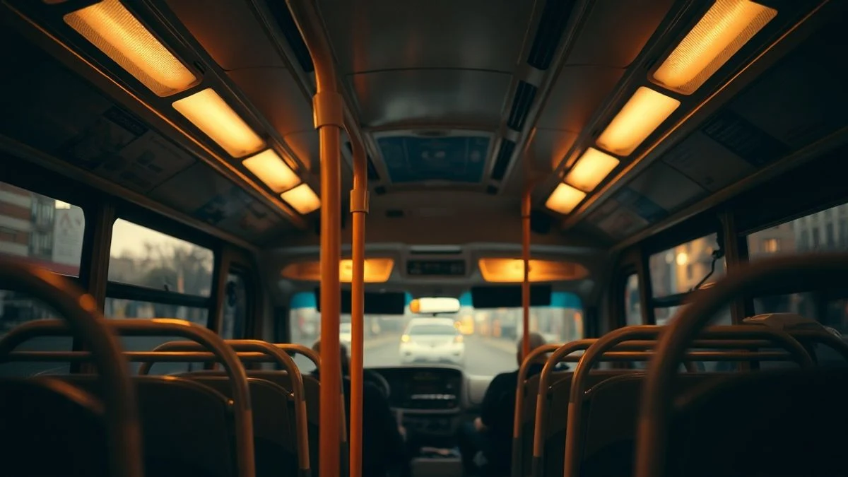 Imagen ilustrativa: interior de un autobús urbano vacío visto desde arriba, con asientos y pasamanos iluminados al atardecer