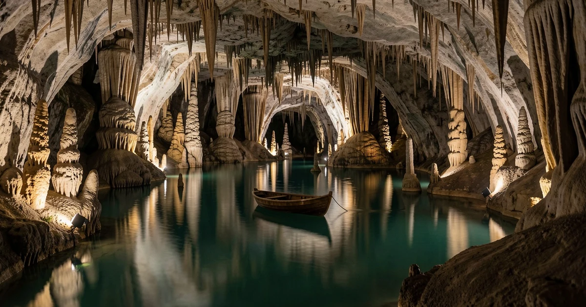 Lago subterráneo en las Cuevas del Drach con una barca de madera flotando, rodeado de estalactitas y estalagmitas iluminadas.