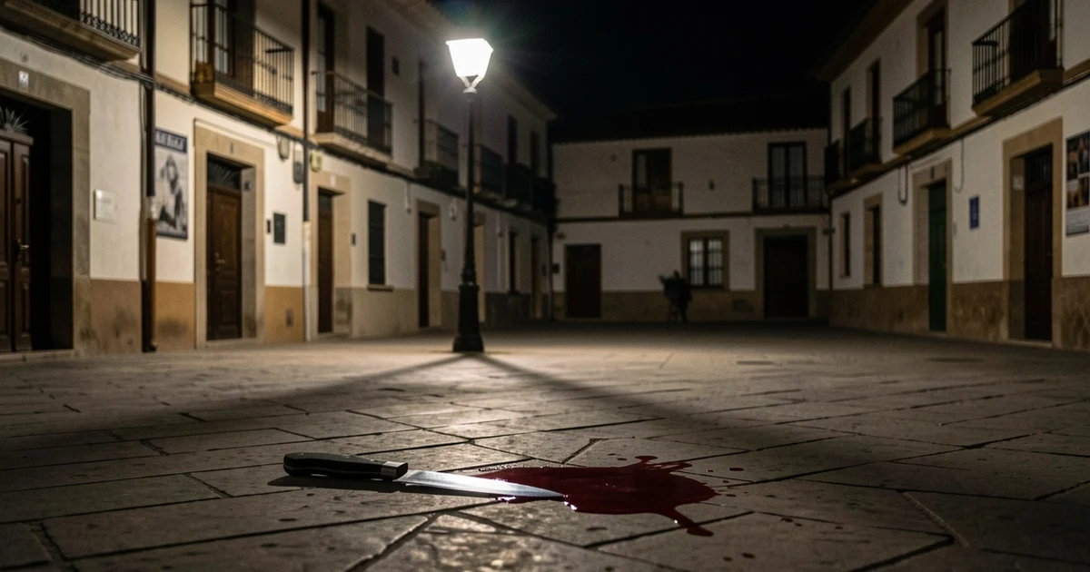 Cuchillo en el suelo de una plaza nocturna con sangre, en un barrio de Palma